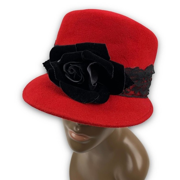 1960's BOLLMAN HAT Co. via KOKIN red wool black rose and lace cap - Picture 9 of 16